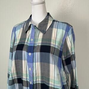 Talbots Plaid Shirt Plus X Womens White Blue 100% Cotton Long Sleeve Button up